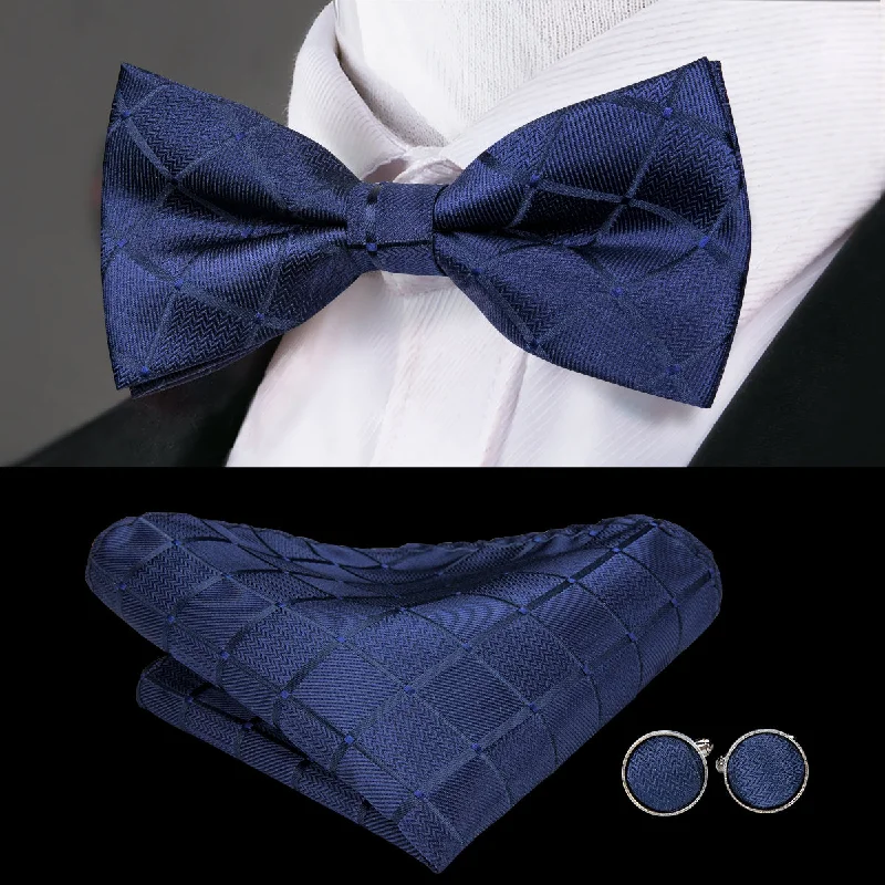 Classic Black Plaid Pre-tied Bow Tie Hanky Cufflinks Set