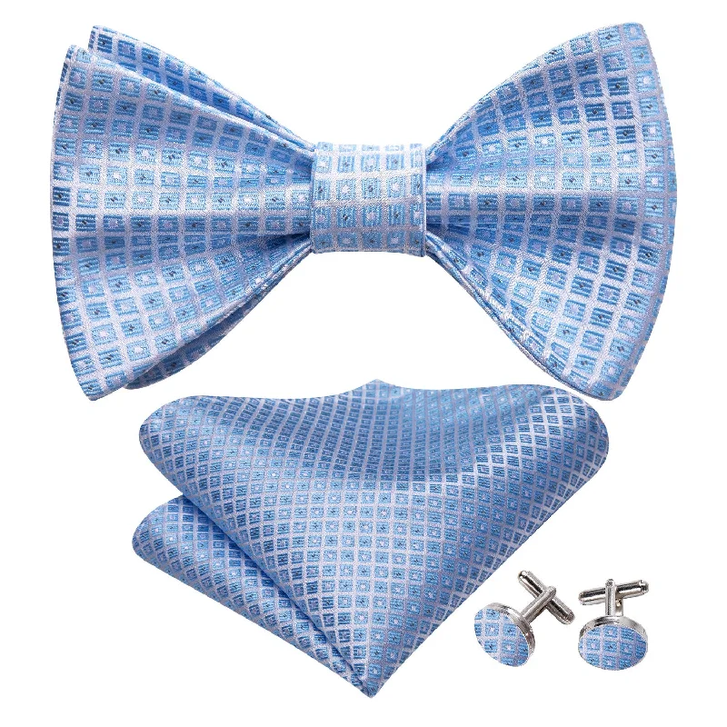 Barry Wang Sky Blue Grey Plaid Mens Silk Bow Tie Hanky Cufflinks Set