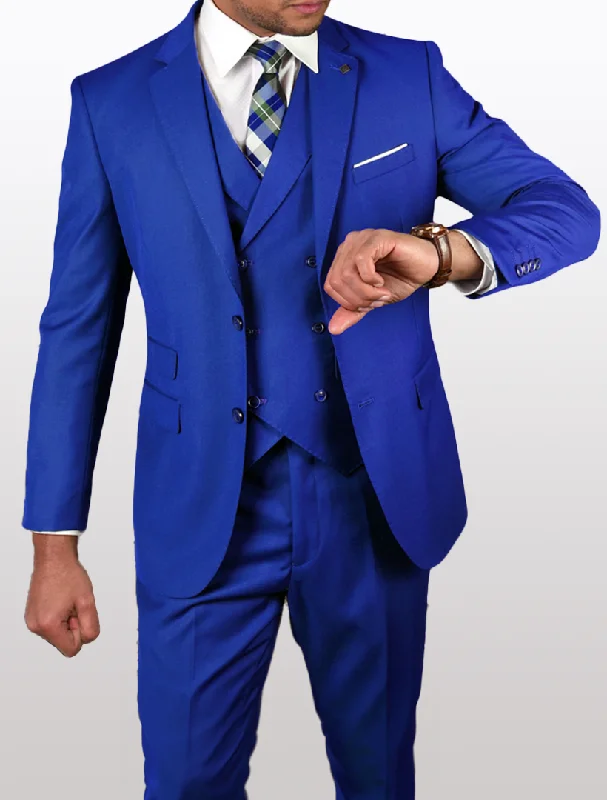 Statement Mens Royal Blue Modern Fit 100% Wool Vested Suit