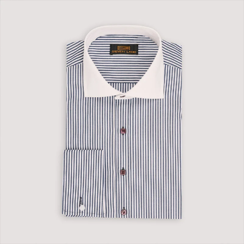 The Corcoran Dress Shirt | White Contrast Spread Collar | French Cuff | 100% Cotton | Navy