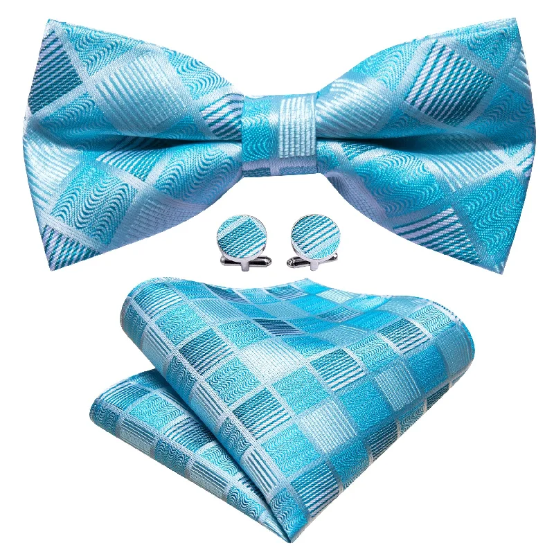 Barry Wang Mens Silk Blue Plaid Pre Tied Bow Tie Hanky Cufflinks Set