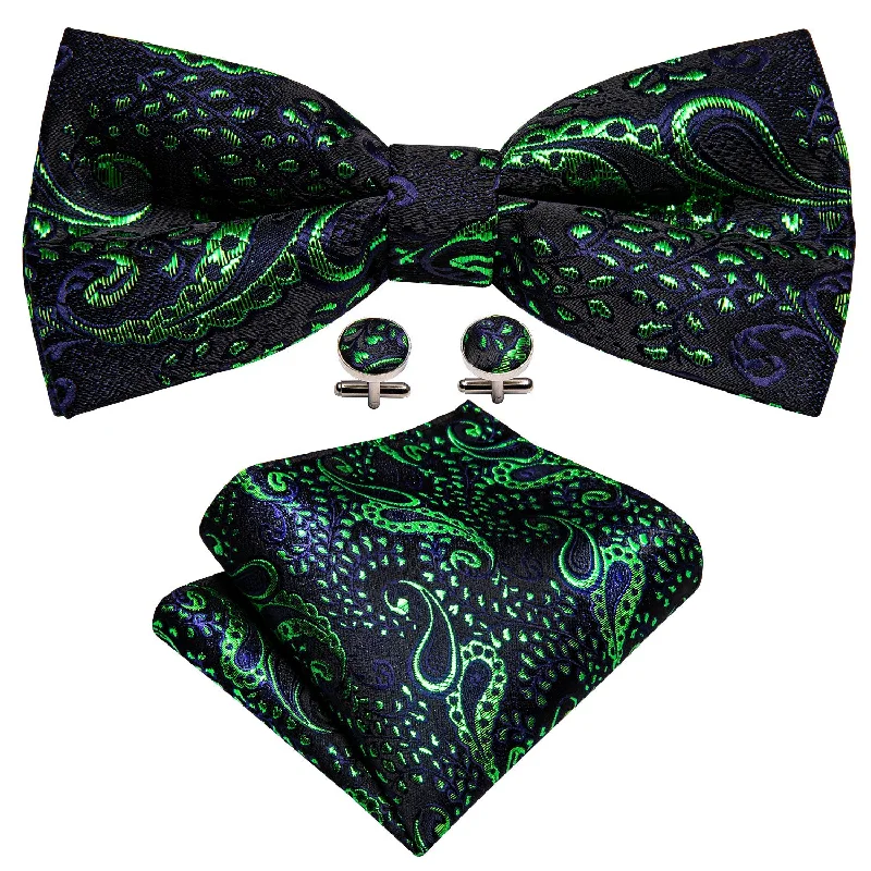 Shining Green Blue Paisley Pre-tied Bow Tie Hanky Cufflinks Set