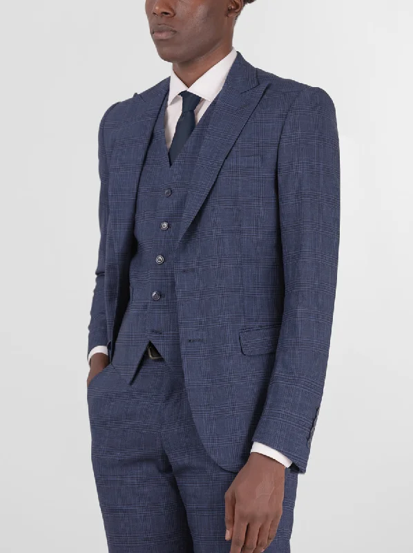 Dark Blue Plaid Three Piece Peak Lapel Suit