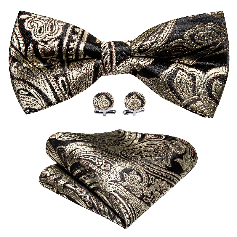 Barry Wang Men Brown Grey Paisley Pre-tied Bow Tie Hanky Cufflinks Set