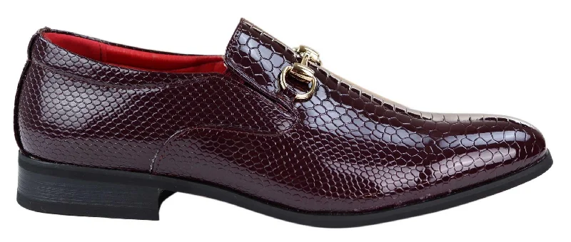 Mens PU Leather Snakeskin Patent Shoes - Wine