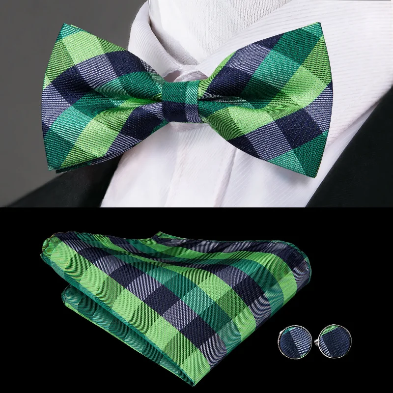 Blue Green Plaid Pre-tied Bow Tie Hanky Cufflinks Set