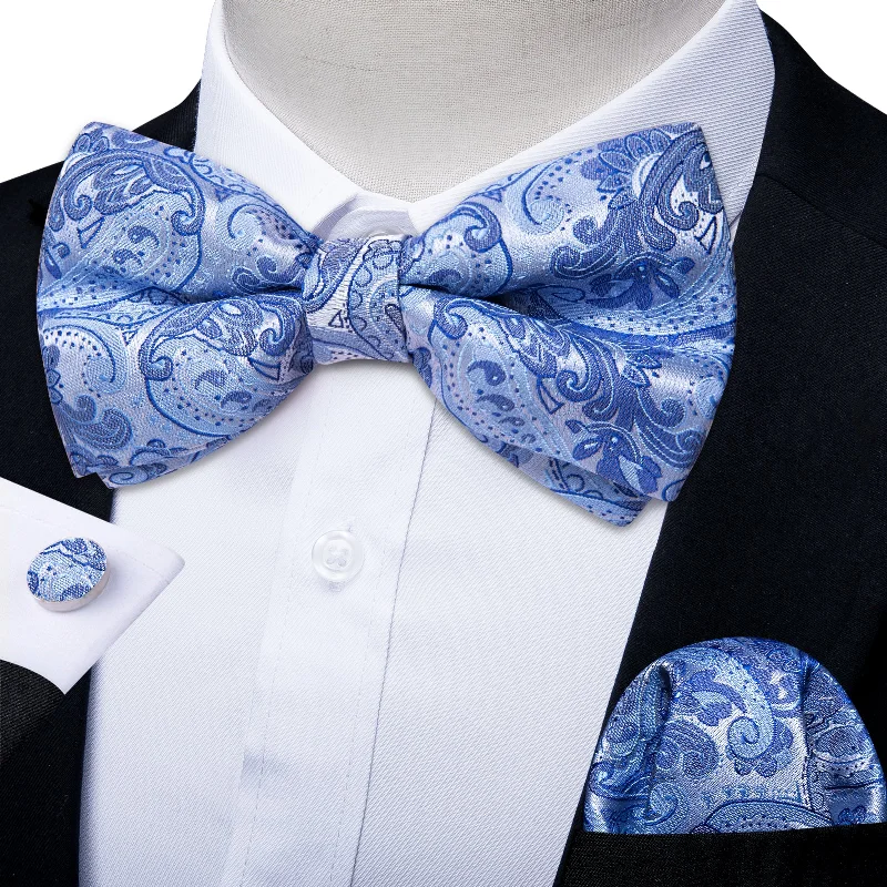 Silver Blue Paisley Men's Pre-tied Bowtie Pocket Square Cufflinks Set