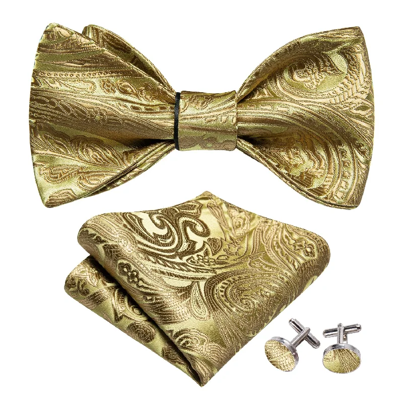 Barry Wang Gold Paisley Self Tie Men's Bow Tie Hanky Cufflinks Set