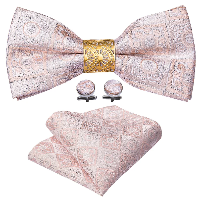 Pink Paisley Pre-tied Bow Tie Ring Hanky Cufflinks Set