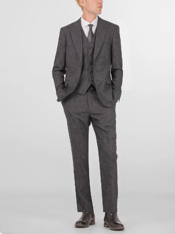 Charcoal Plaid Three Piece Peak Lapel Suit