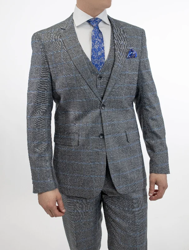 FUBU Grey Crosshatch with Blue Windowpane Vested Suit