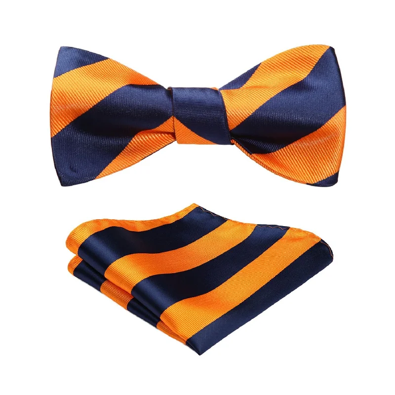 Stripe Bow Tie & Pocket Square - 03-NAVY BLUE/ORANGE