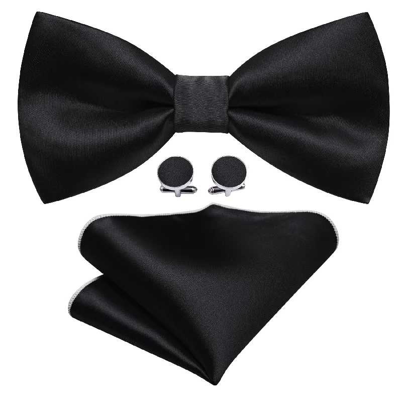 Barry Wang Black Mens Solid Silk Pre Tied Bow Tie Hanky Cufflinks Set