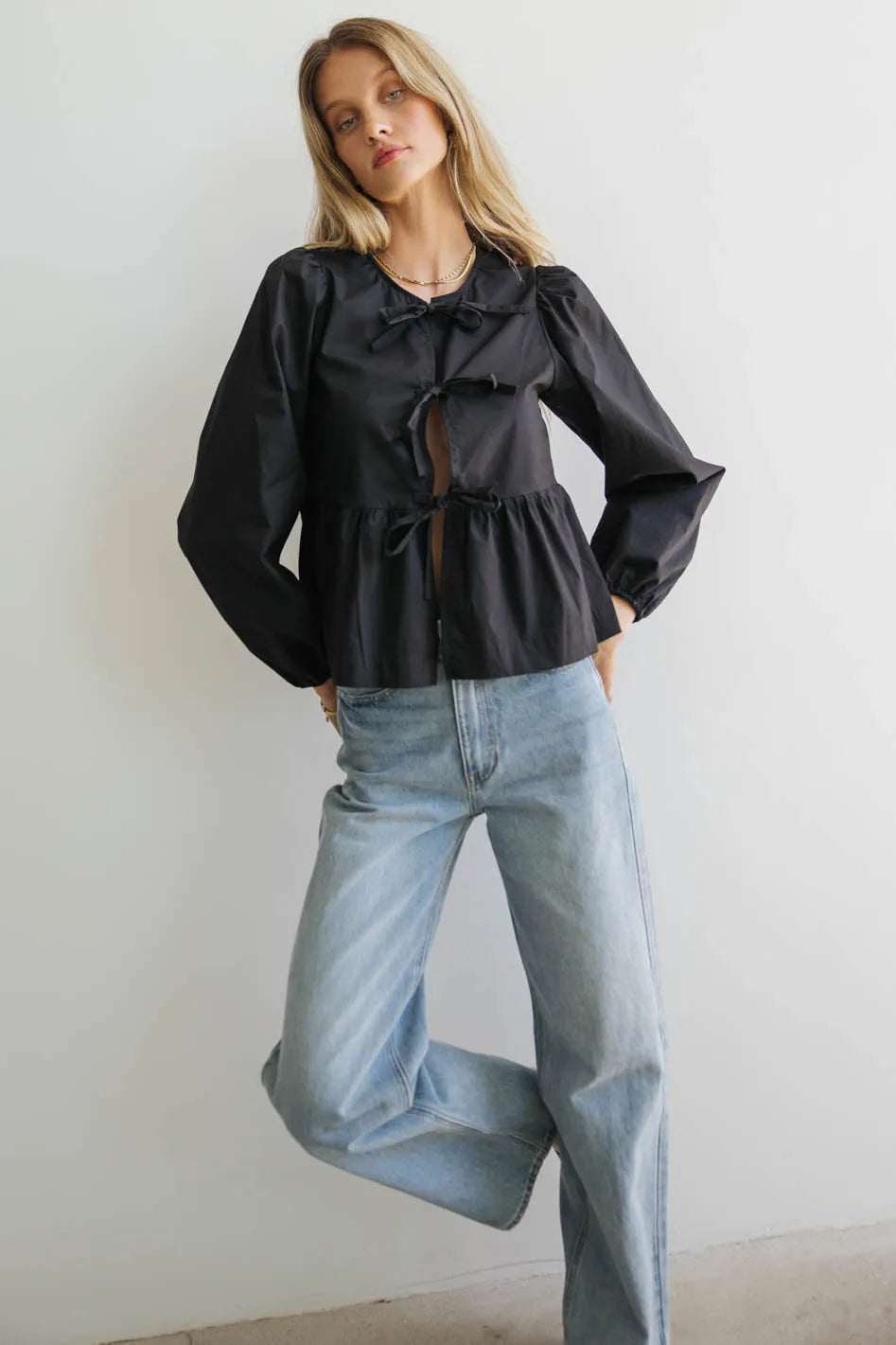 Maggie Peplum Tie Blouse in Black - FINAL SALE