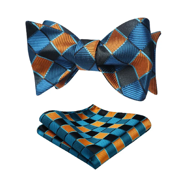 Plaid Bow Tie & Pocket Square Sets - C-AQUA/ORANGE