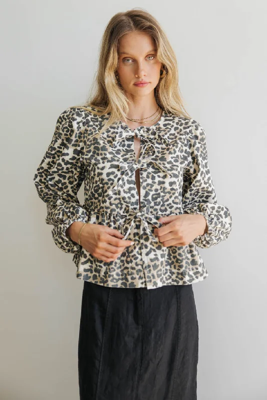 Maggie Peplum Tie Blouse in Leopard - FINAL SALE