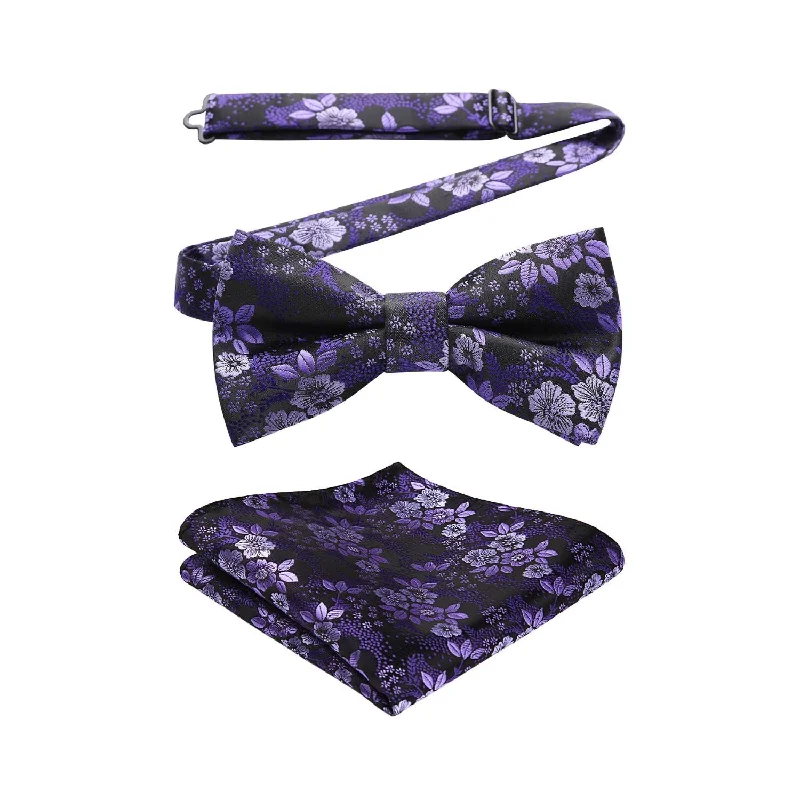 Floral Pre-Tied Bow Tie & Pocket Square - D-PURPLE 6