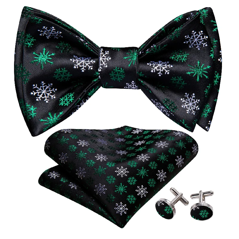 Barry Wang Christmas Black Green Snowflake Self Tied Mens Bow Tie Set