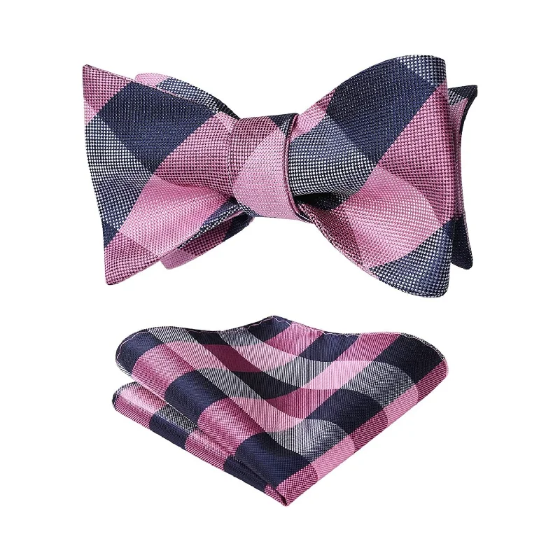 Plaid Bow Tie & Pocket Square - E-PINK / NAVY BLUE