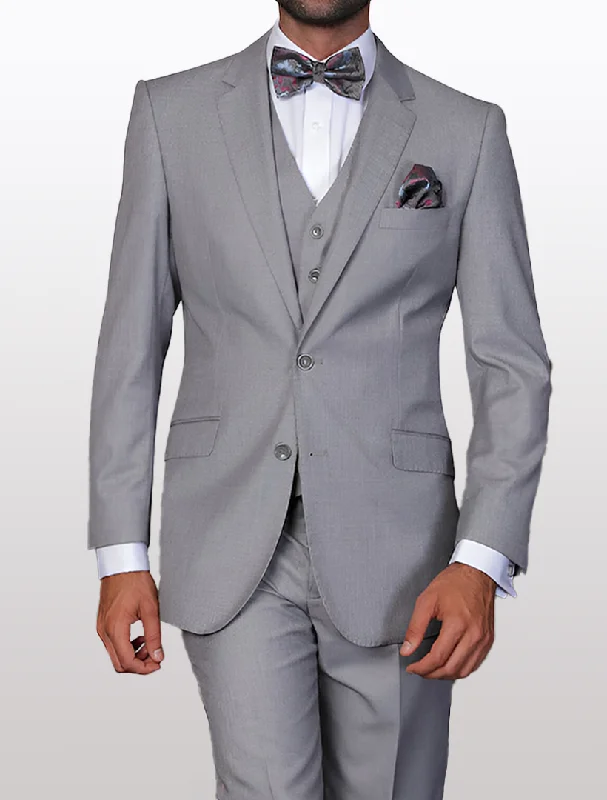 Statement Men's Solid Grey Modern Fit 100% Wool Vested Suit