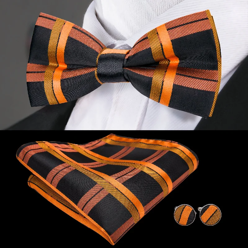 Barry Wang Black Orange Plaid Pre-tied Men Bow Tie Hanky Cufflinks Set