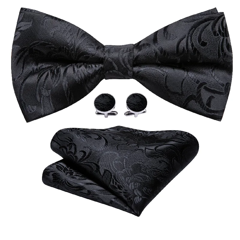 Barry Wang Black Bow Tie Paisley Pre-tied Bow Tie Hanky Cufflinks Set