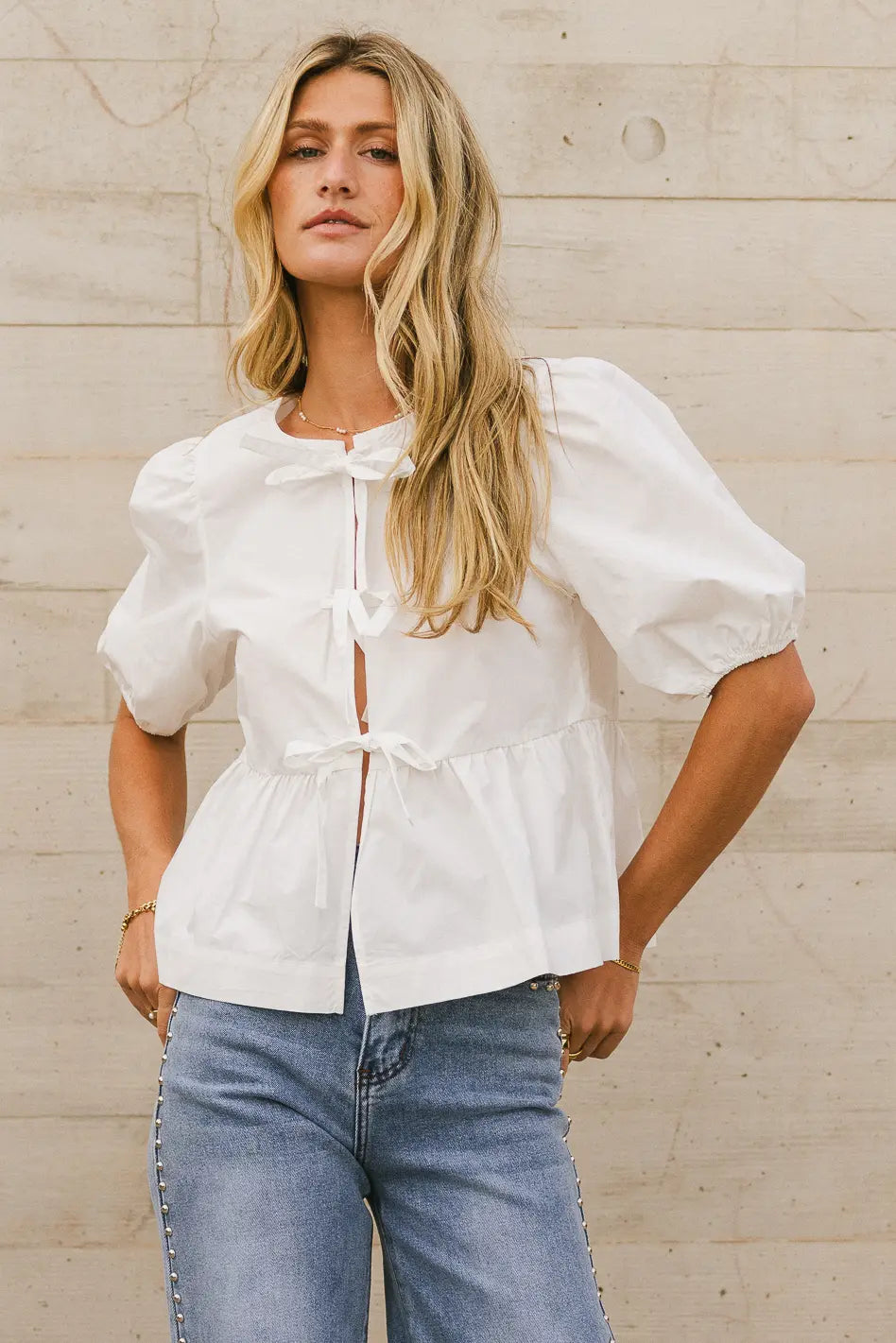 Natalia Peplum Tie Blouse in White - FINAL SALE