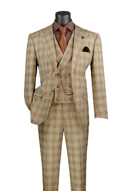 Khaki Modern Fit Windowpane Peak Lapel 3 Piece Suit