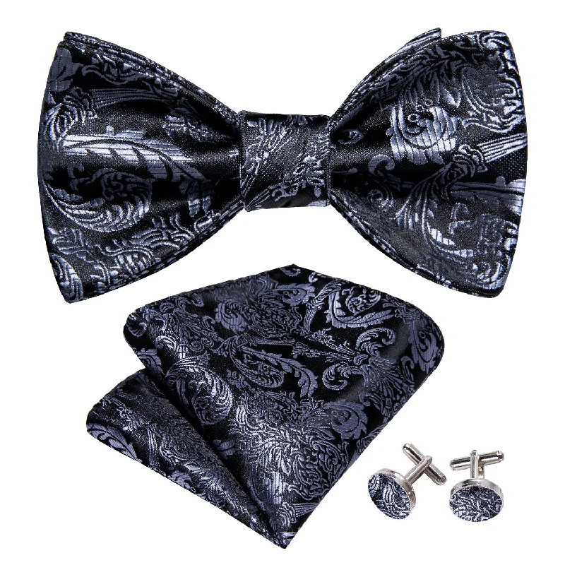 Barry.wang Black Tie Silver Floral Self Tie Bow Tie Hanky Cufflinks Set