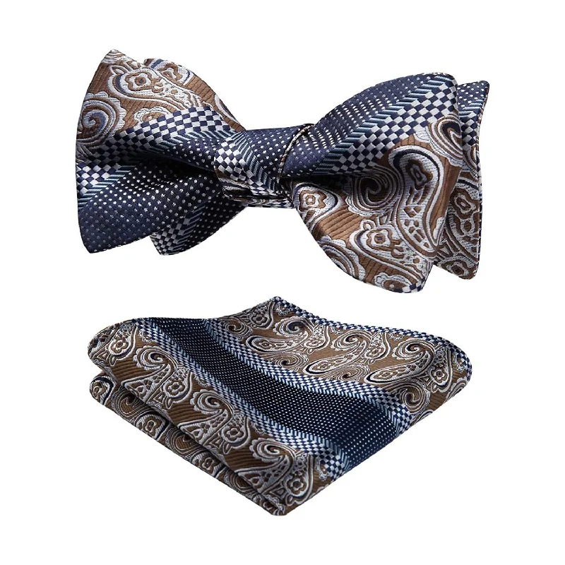 Floral Paisley Bow Tie & Pocket Square Sets - 03-BROWN/BLUE