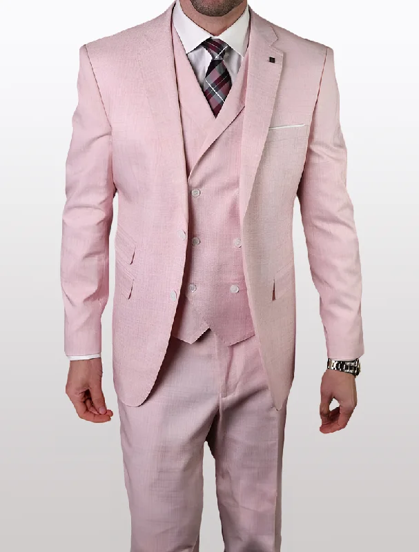 Statement Men's Dusty Pink with Double-Breasted Vest 100% Wool Slim Fit Suit