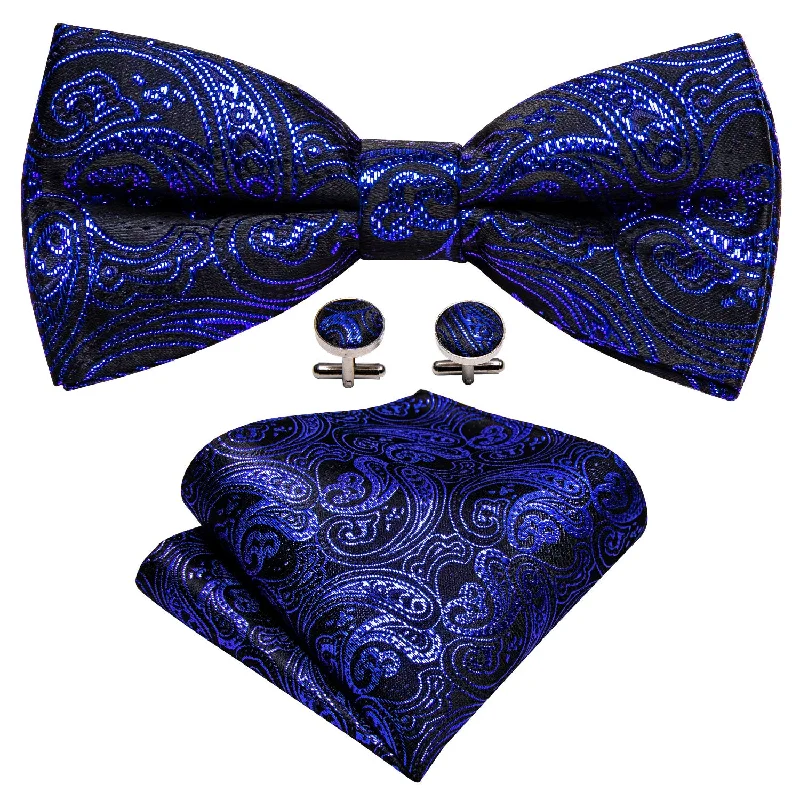 Barry Wang Men Royal Blue Paisley Pre-tied Bow Tie Hanky Cufflinks Set