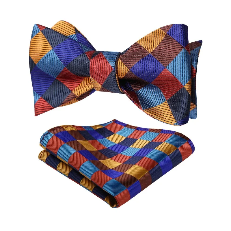 Plaid Bow Tie & Pocket Square - C-ORANGE/BLUE