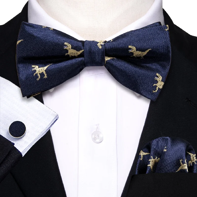 Barry Wang Navy Blue Dinosaur Pre-tied Men Bow Tie Hanky Cufflinks Set