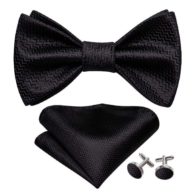 Barry Wang Black Bow Tie Men Silk Geometric Bowtie Hanky Cufflinks Set