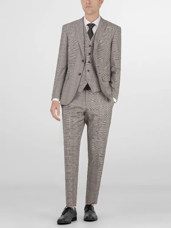 Grey & Black Glen Plaid Three Piece Peak Lapel Suit