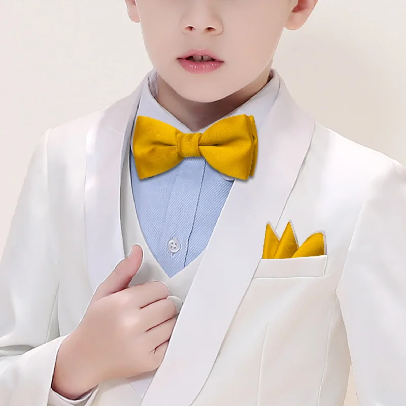 Barry Wang Boys Bowtie Golden Yellow Solid Bow Tie Hanky Set For Kids