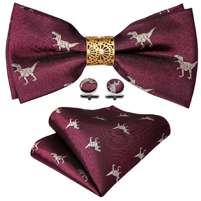 Red Dinosaur Pre-tied Bow Tie Hanky Cufflinks Set