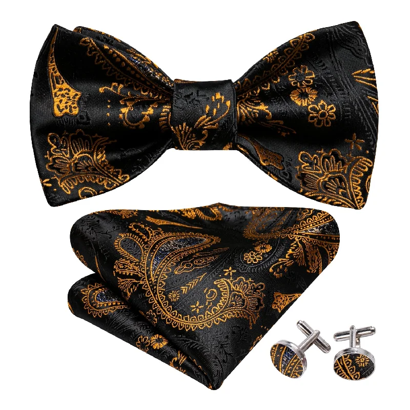 Barry Wang Fashion Black Gold Paisley Men's Bowtie Hanky Cufflinks Set