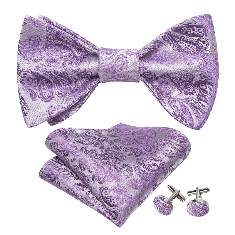 Purple Silver Paisley Silk Bow Tie Hanky Cufflinks Set