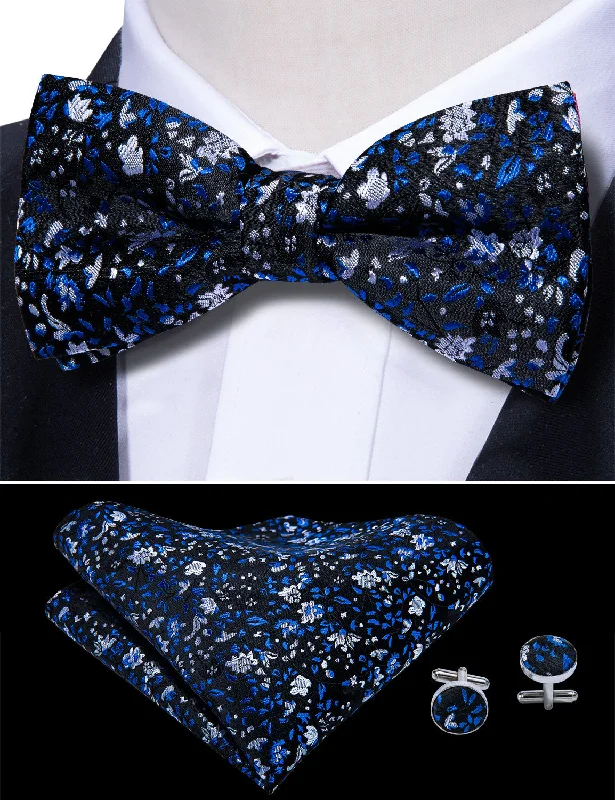 Black Blue Floral Pre-tied Bow Tie Hanky Cufflinks Set