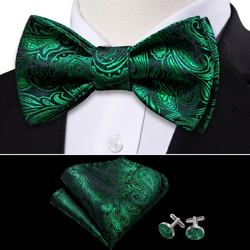 Olive Green Paisley Silk Bow Tie Hanky Cufflinks Set