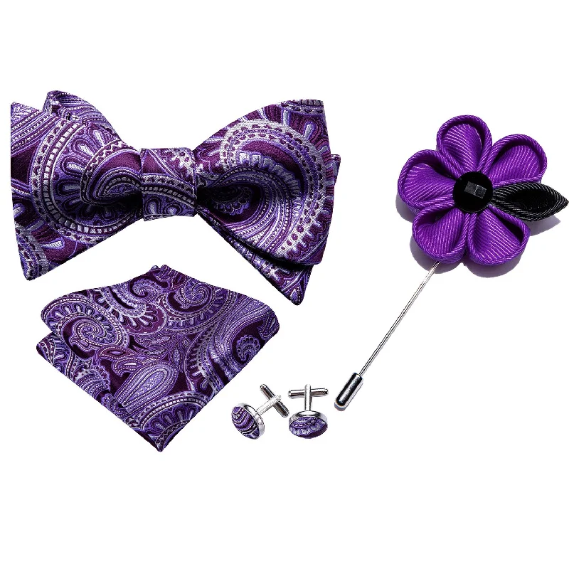 Barry.wang Purple Tie Paisley Self Tie Bow Tie Hanky Cufflinks Set Classic Hot