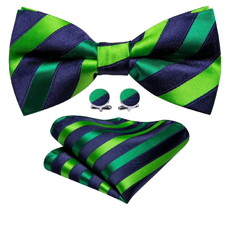 Barry Wang Blue Green Striped Pre-tied Men Bow Tie Hanky Cufflinks Set