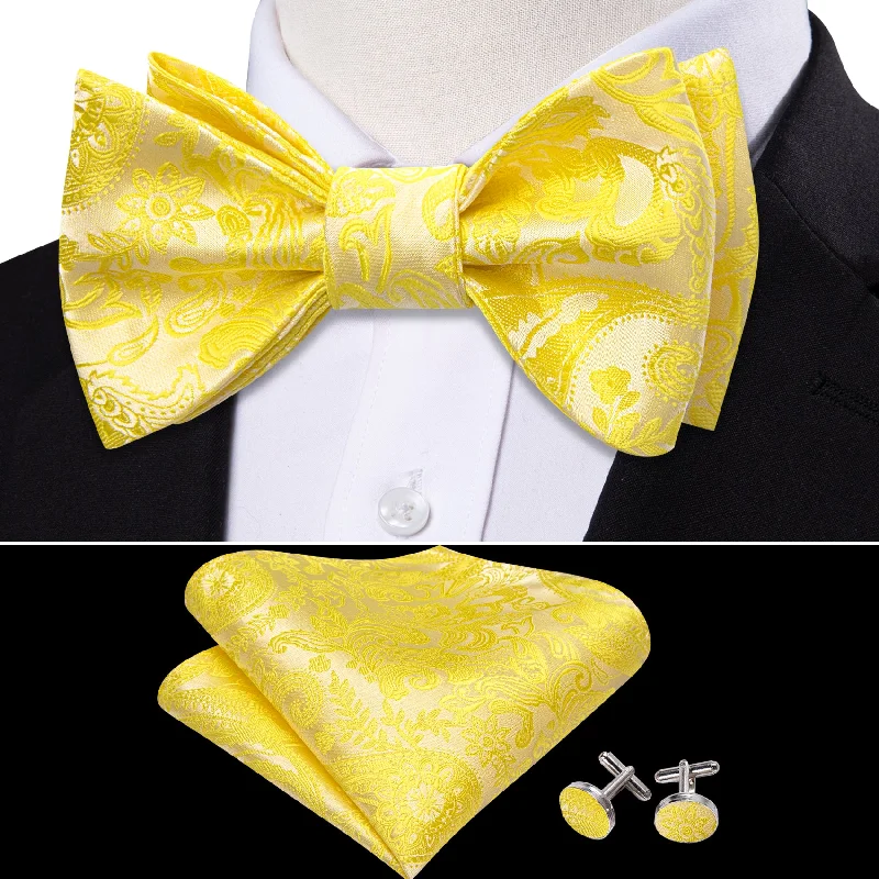 Barry Wang Light Yellow Ties Paisley Silk Bow Tie Hanky Cufflinks Set