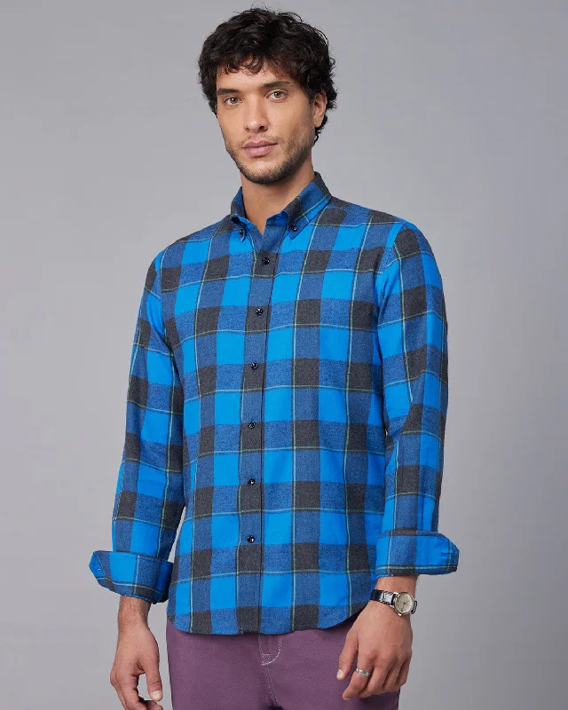 Brushed Twill Checked Shirt - Blue