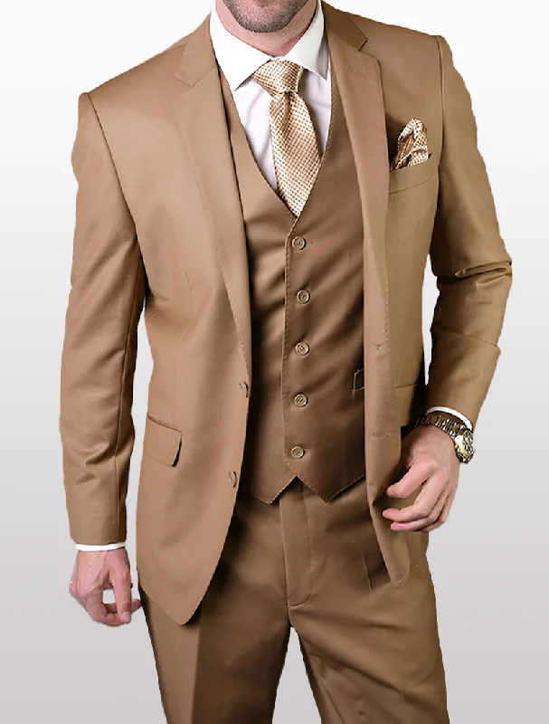 Statement Men's Solid Caramel Modern Fit 100% Wool Vested Suit