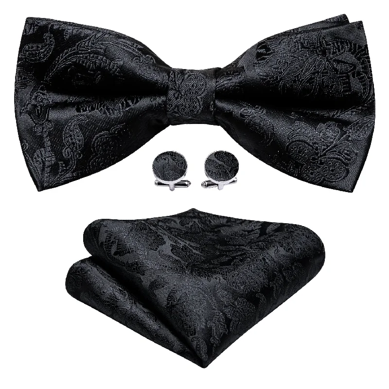 Barry Wang Black Neck Tie Paisley Pre-tied Bow Tie Hanky Cufflinks Set