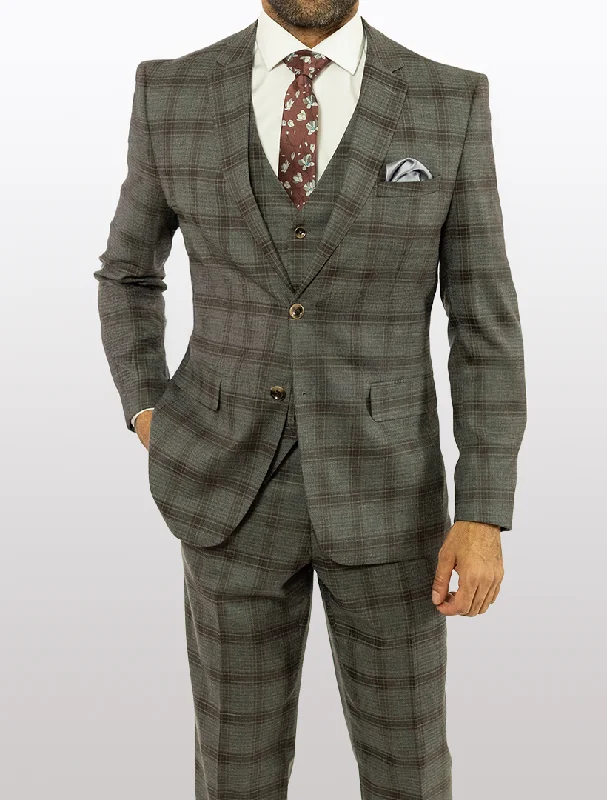 FUBU Charcoal with Brown Plaid Vested Suit