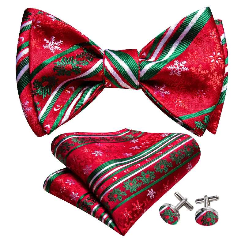 Christmas Red Snowflake Self Tied Bow Tie Hanky Cufflinks Set